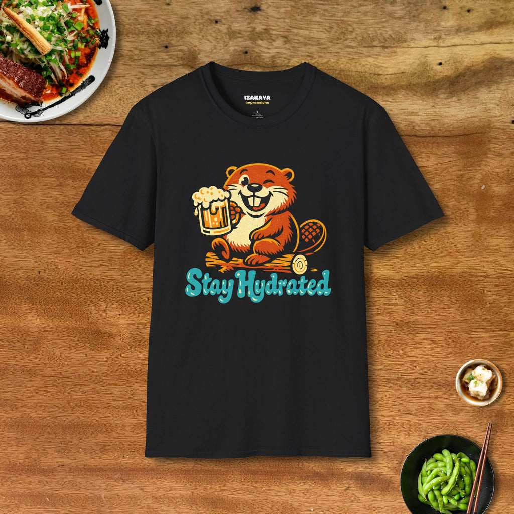 Stay Hydrated Beaver Tee on black softstyle T-shirt featuring a happy beaver holding a frothy beer mug