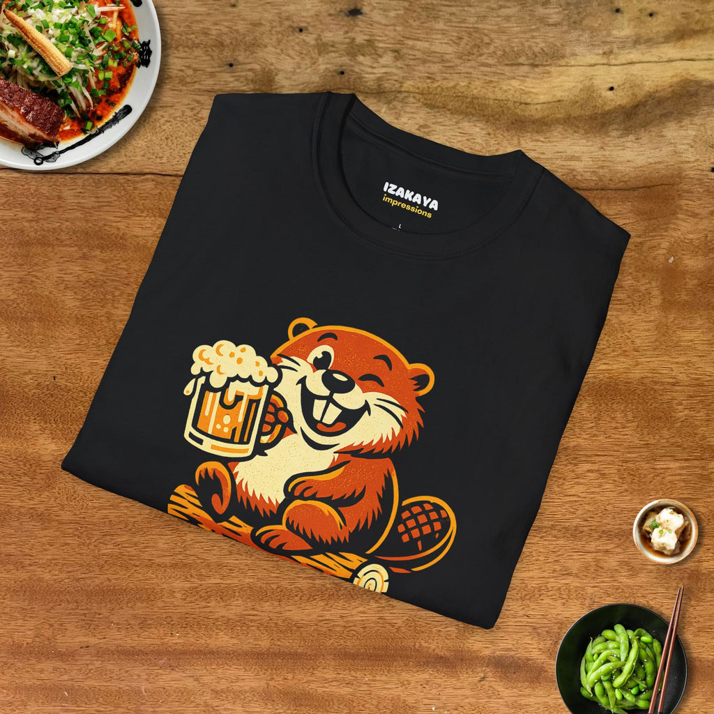 Folded black Stay Hydrated Beaver Tee with funny beer beaver graphic for craft beer lovers