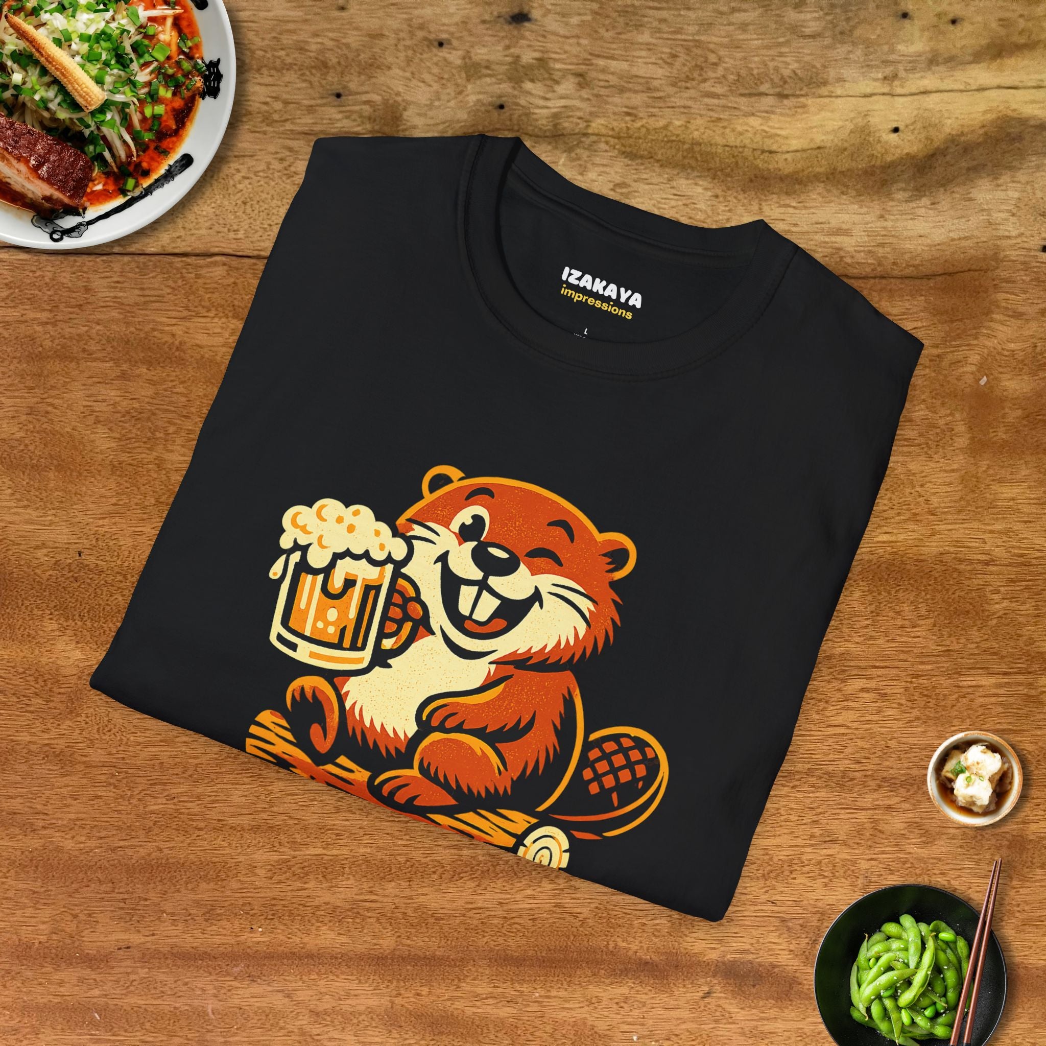 Folded black Stay Hydrated Beaver Tee with funny beer beaver graphic for craft beer lovers